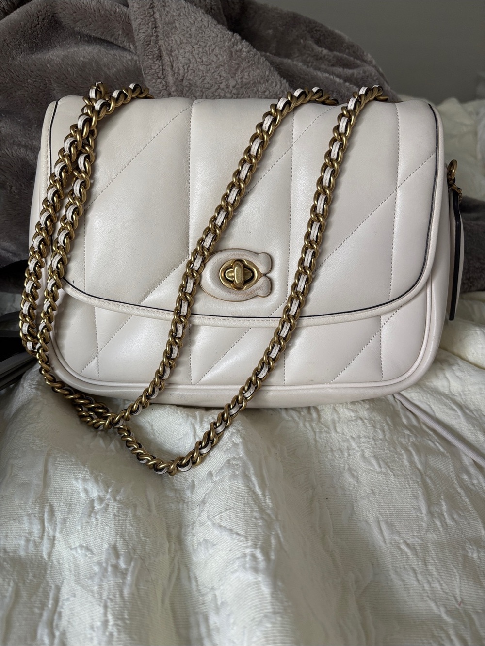 Coach Quilted Cream Shoulder Bag with Gold Chain